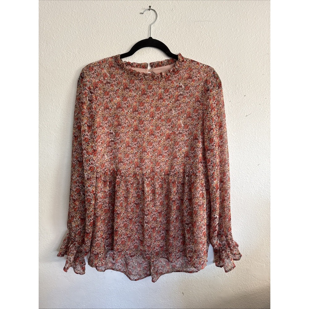 Roolee Boho Smocked Blouse Rust Long Sleeve Tie Neck Flowy Top Size Small‎